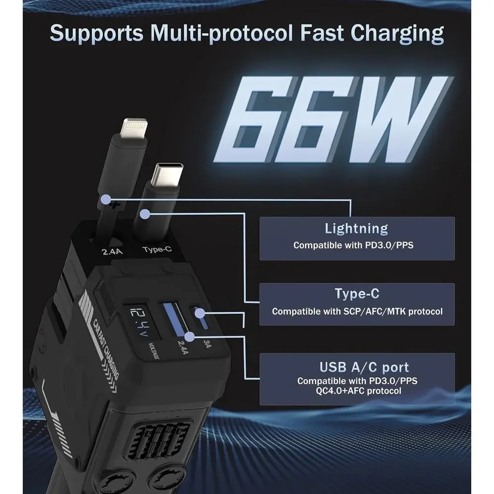 Retractable 4 in 1 car fast charger for IOS and USB C phones & devices